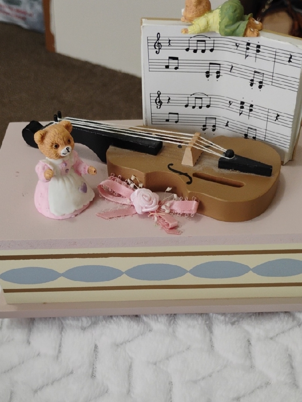 Vintage Pellman Music Box Figurine with Violin and Bear - Pink Accents